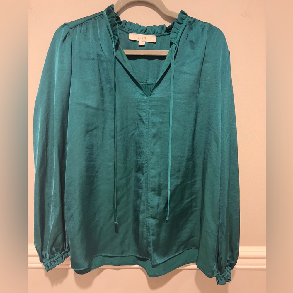 Women's Satin Long Sleeve Loft Top - Size Large Worn 1x Teal Green in color